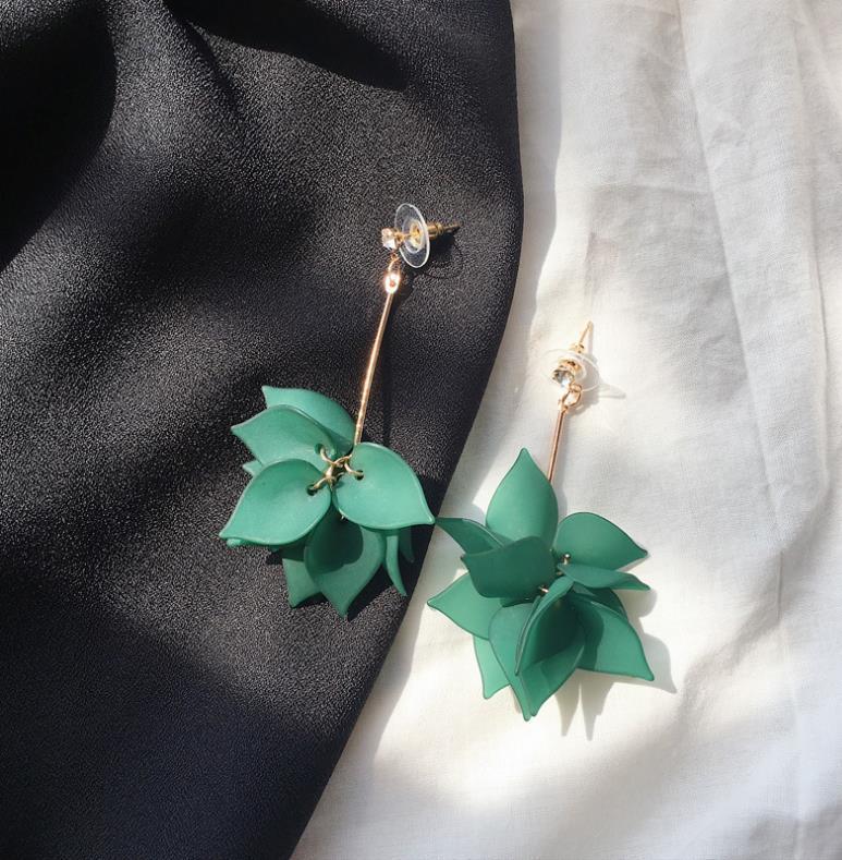 Korean Style Frosted Leaf Petal Long Flower Tassel Lotus Earrings