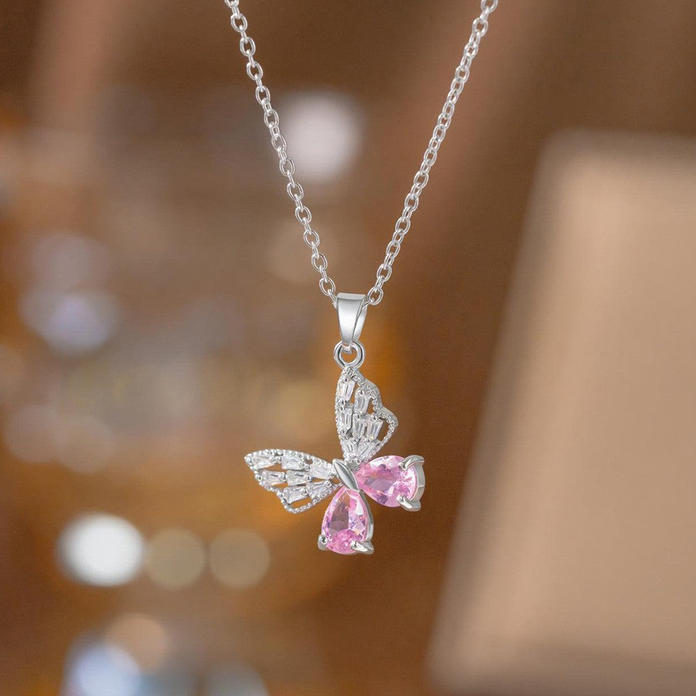 Steel Female Micro Inlaid Pink Diamond Necklace