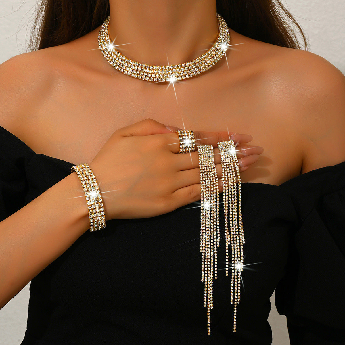 Rhinestone Tassel Stretch Bridal Formal Dress Jewelry Set
