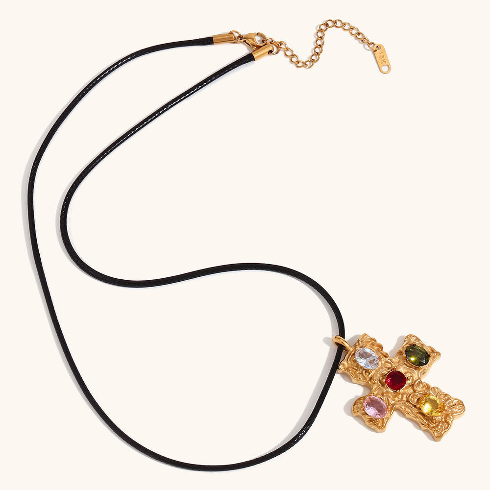 Luxury Fashion Stainless Steel Gold-plated Colorful Beating Cross Black Necklace