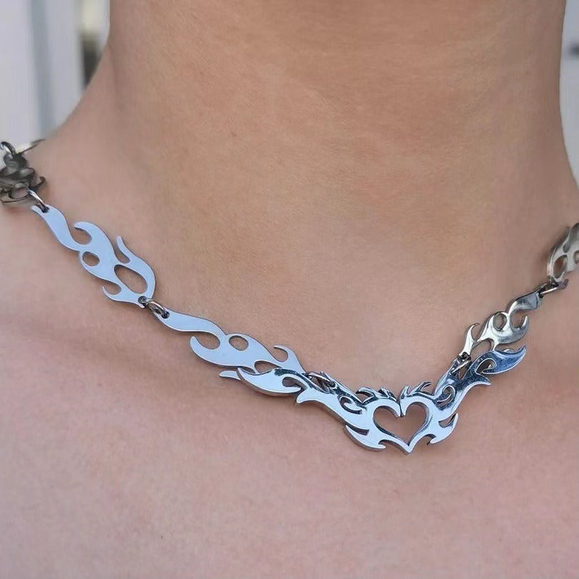 Fashion Punk Hollow Heart Hip Hop Flame Necklace