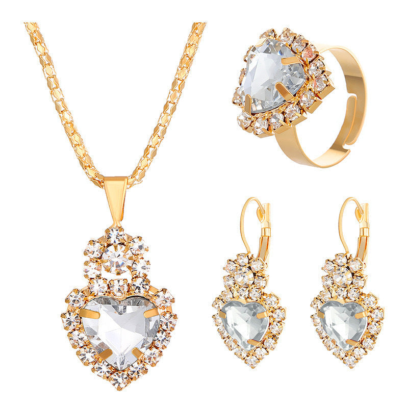 New Water Drop Heart-shaped Three-piece Jeweled Earrings