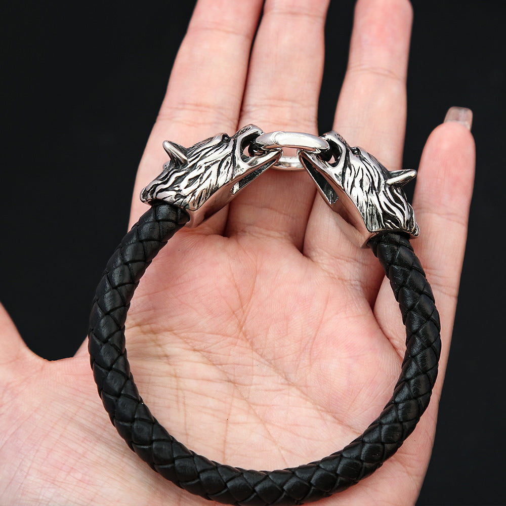 Men's Viking Titanium Steel Wolf Head Handmade Leather Cord Personalized Bracelets