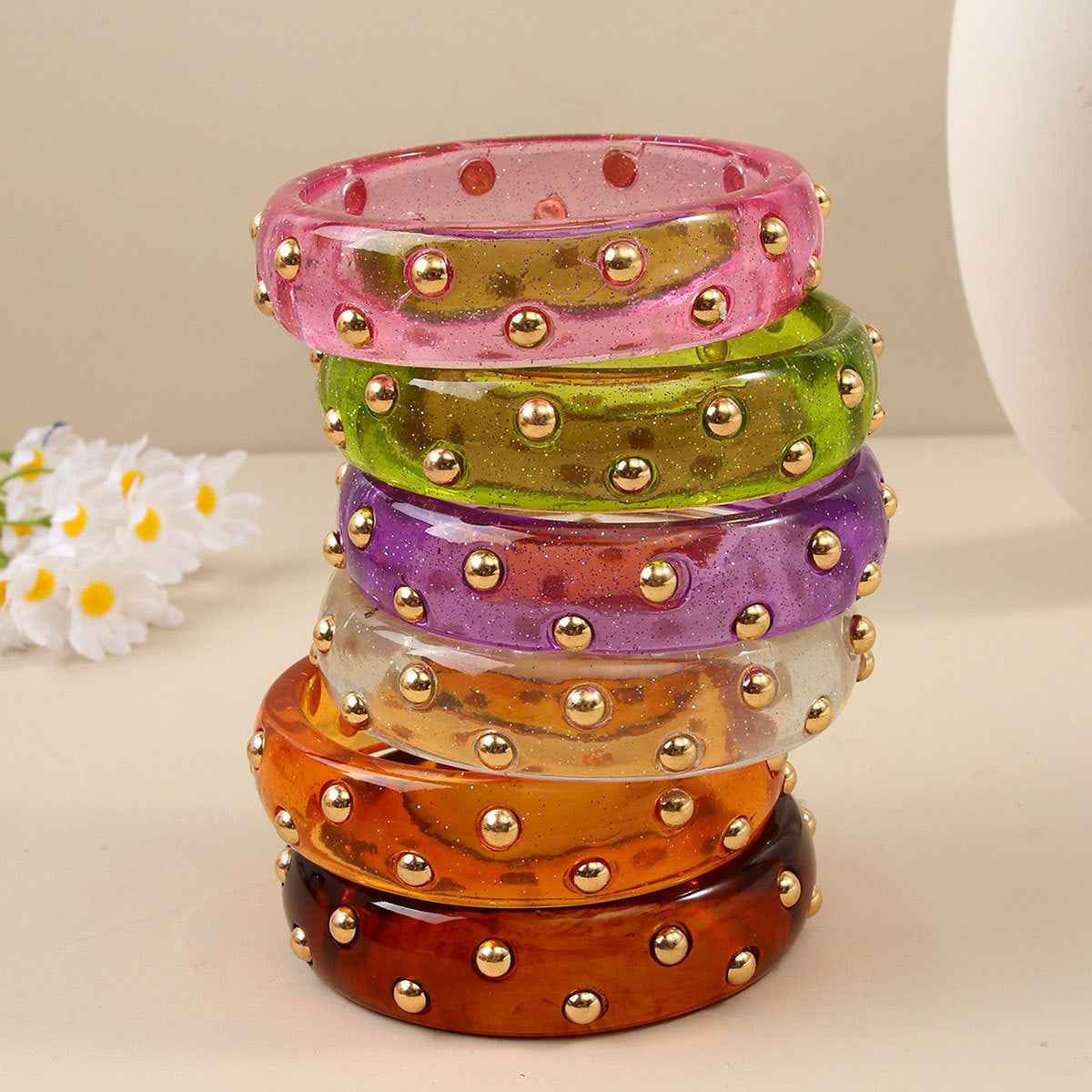 Fashion Personalized Transparent Sier Pink Diamond Gold Bean Color Resin Bracelet