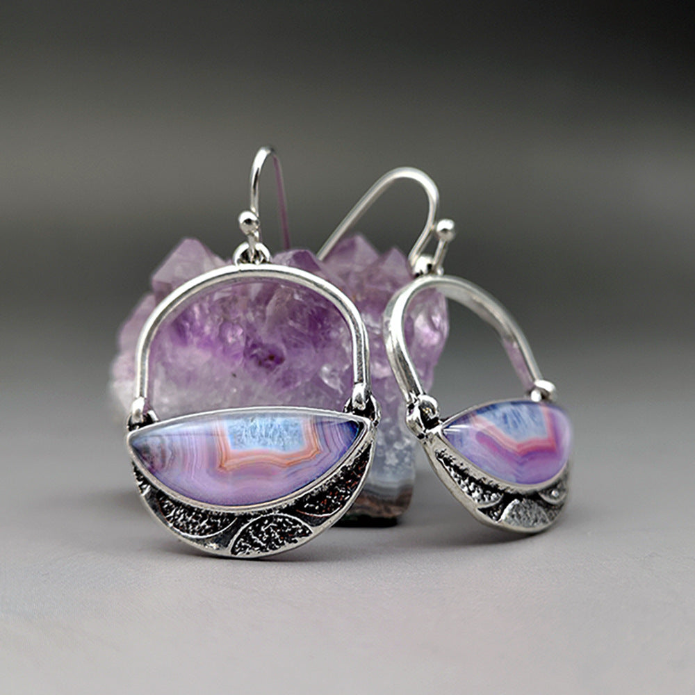 Purple Agate Sier Oxide Vintage Gemstone Earrings