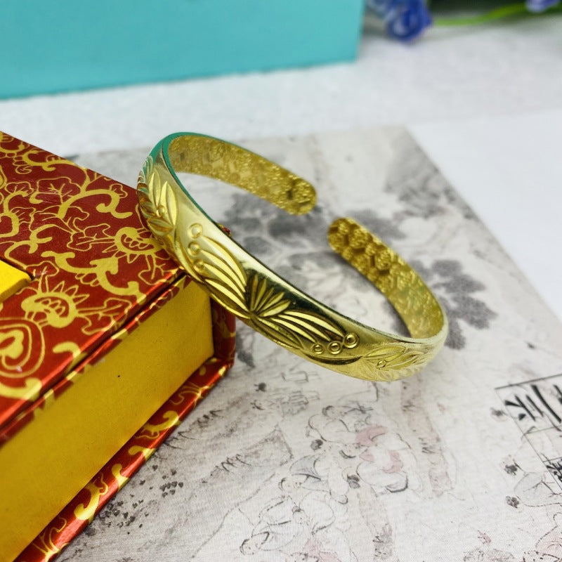 Women's Glossy Brass Open-ended Plum Blossom Dragon Phoenix Fu Bracelets