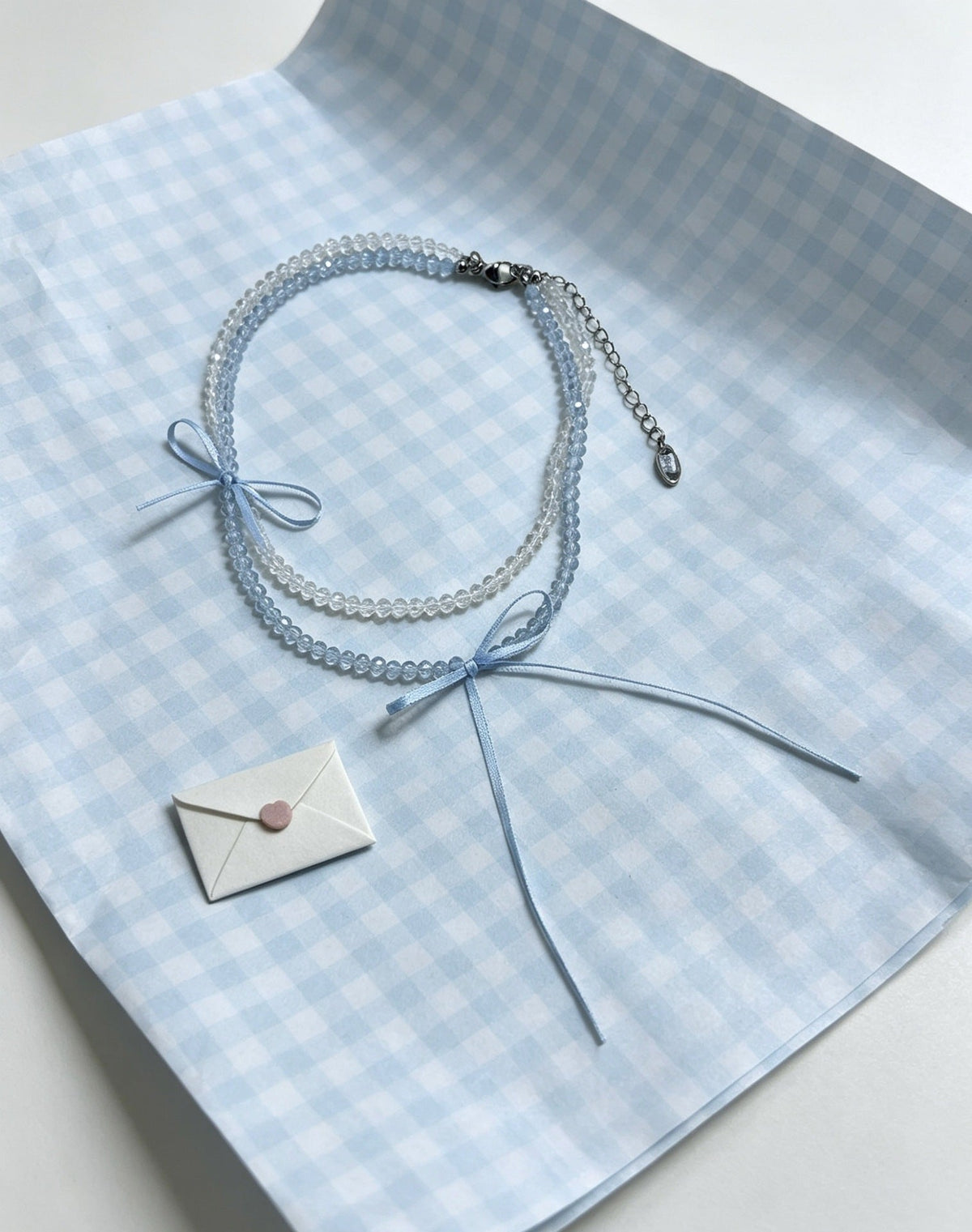 Girly Style Ribbon Bow Gentle Clear Clavicle Chain Beaded Double Necklaces