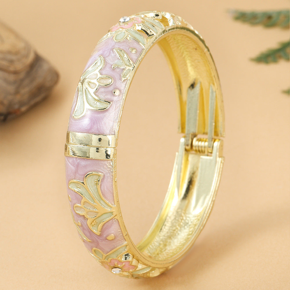 Tourist Souvenir Retro Style Flower Green Leaf Diamond Cloisonne Widened Bracelet
