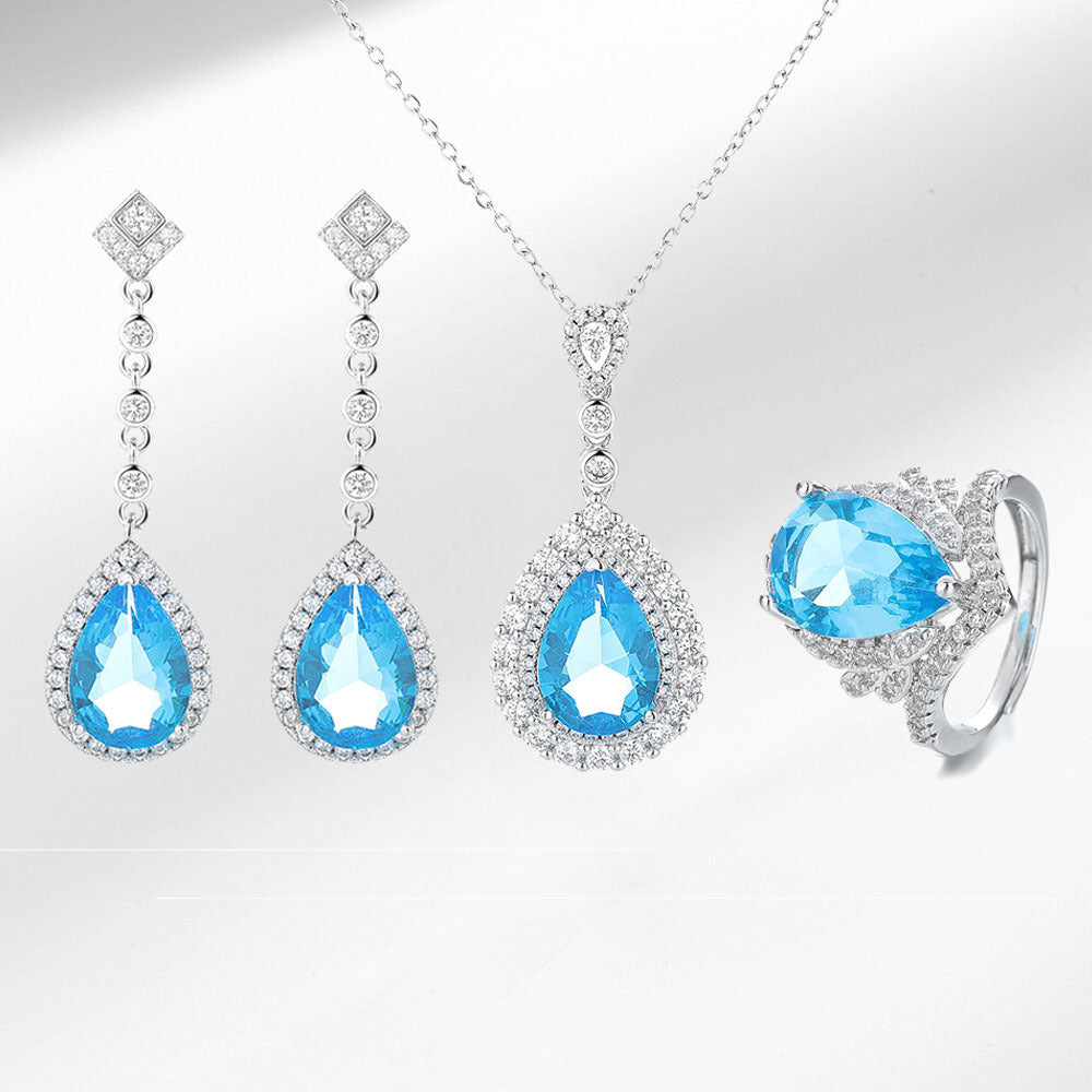 Women's Fashionable Elegant Natural Aquamarine Colored Gems Jewelry Set