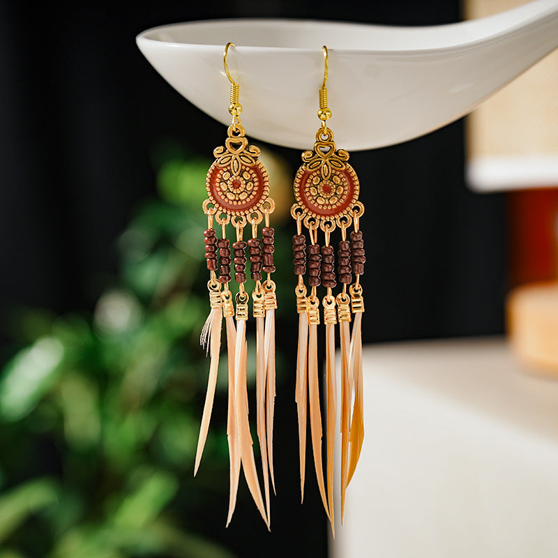 Women's Oil Dripping Round Small Colorful Feather Slimming Long Tassel Yunnan Stud Earrings