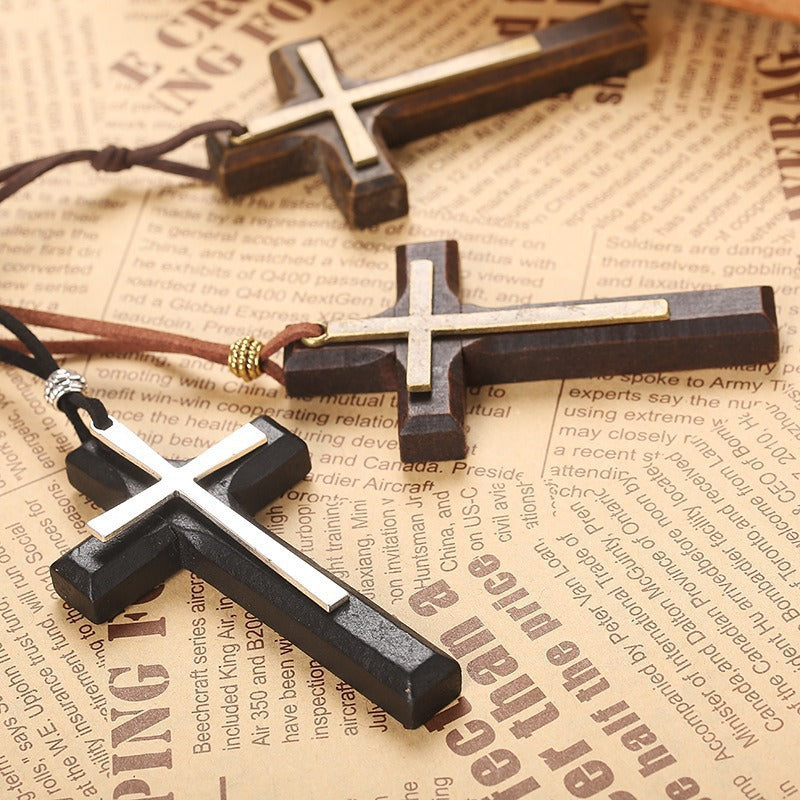 Retro Handmade Double Alloy Wood Cross Boys Long Sweater Chain Pendants