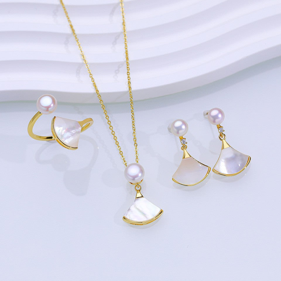 Skirt Natural Freshwater Pearl Ear Three-piece Suit Shell Fan-shaped Advanced Rings