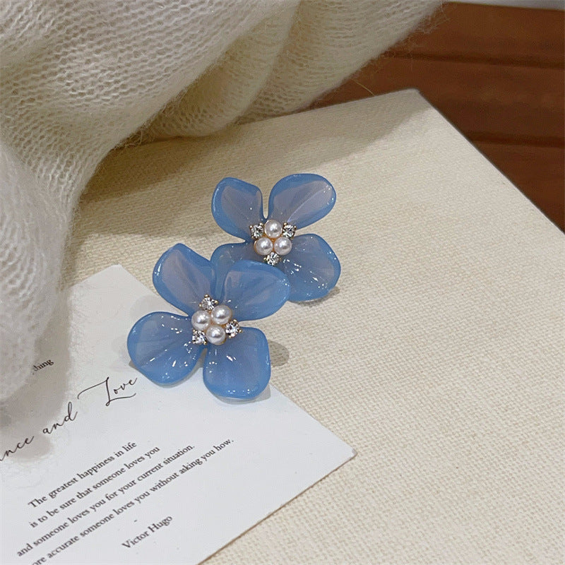 Style Fairy Rhinestone Pearl Resin Flower High-grade Fashionable Earrings