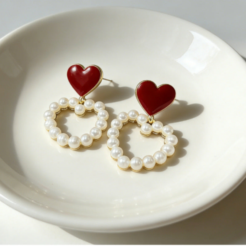 Special Offer Hollow Out Heart Pearl Sweet Temperament Oil Drop Earrings