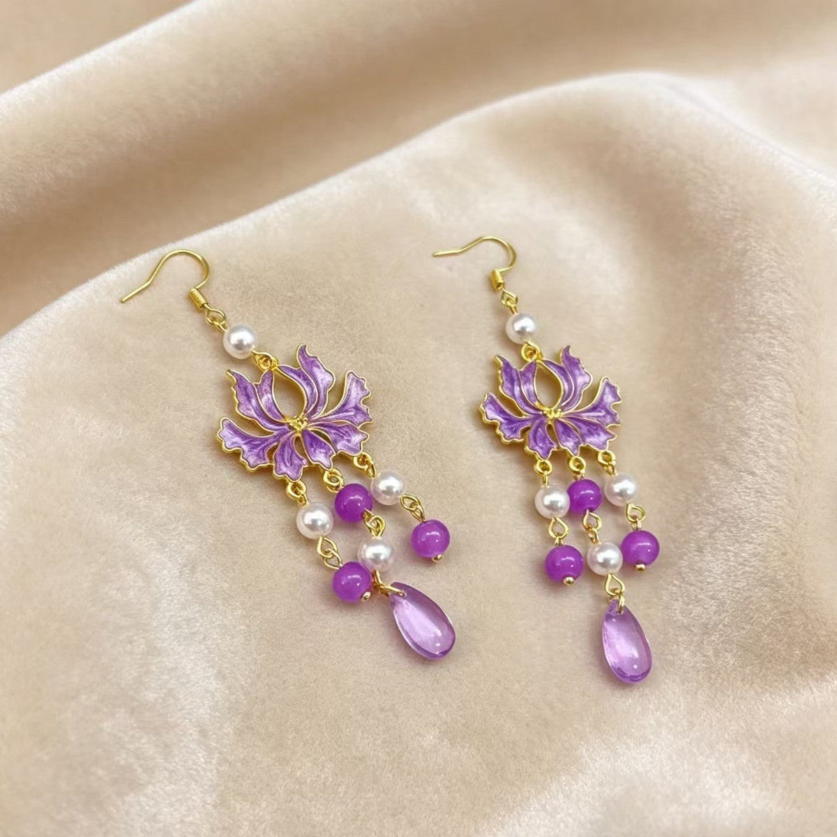Chinese Style Purple Lotus Tassel Light Luxury Ancient Han Clothing Earrings