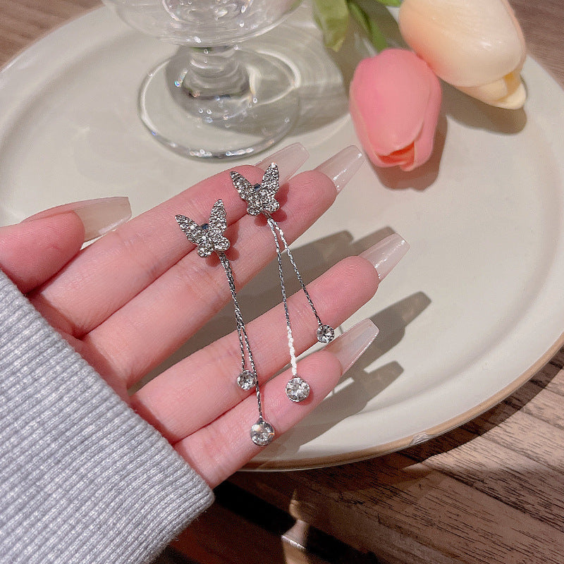 Women's Sier Needle Long Fringed Zircon For Trendy Light Earrings