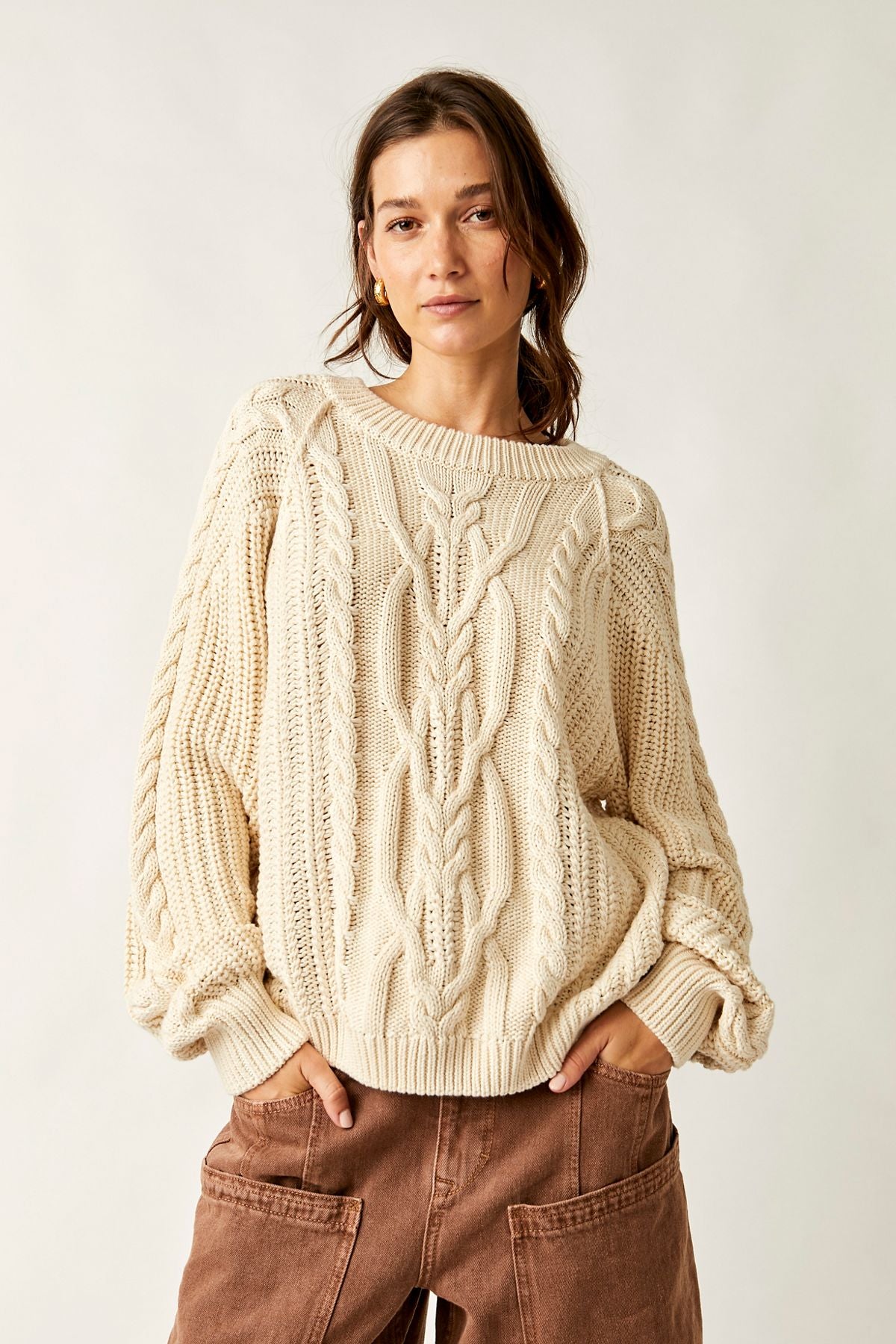 Free People Frankie Cable Sweater in Ivory