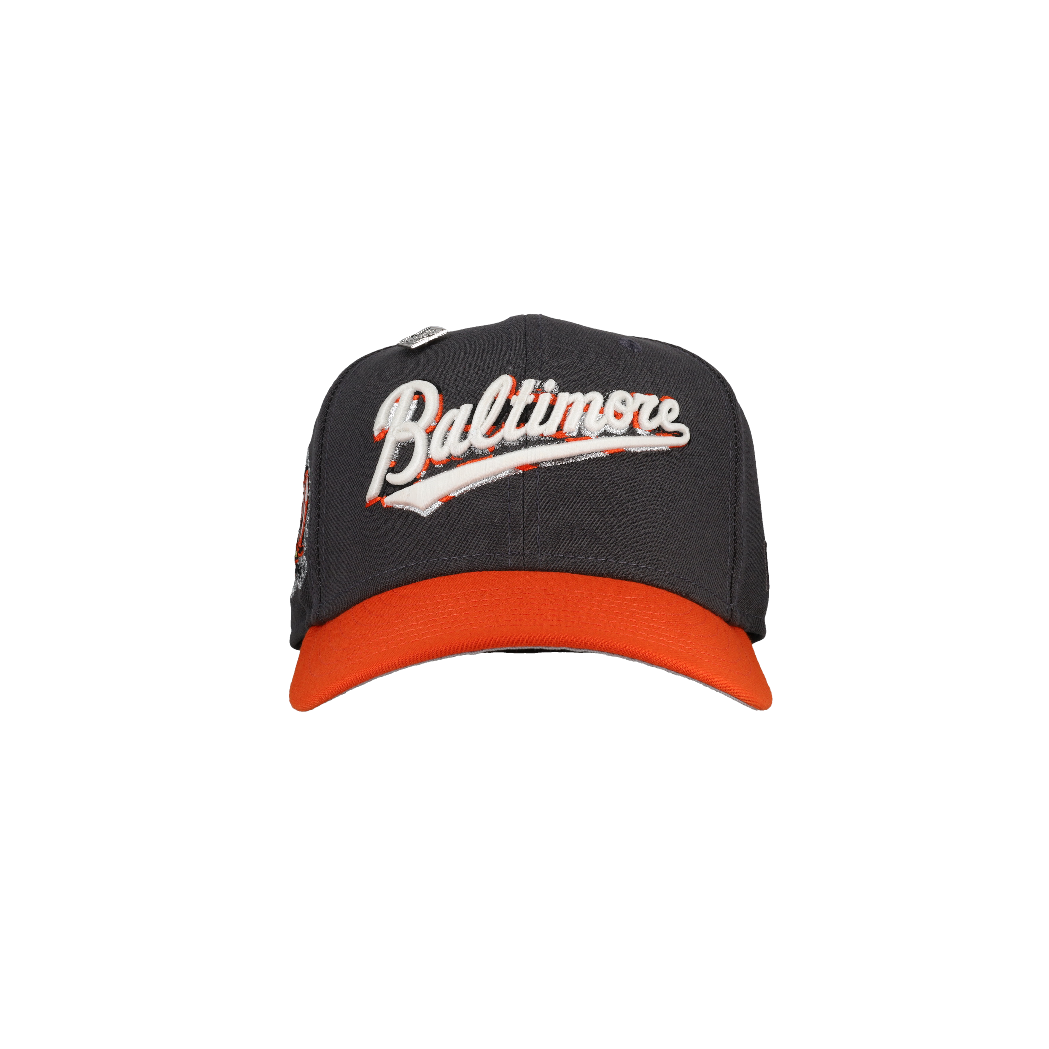 Baltimore Orioles Graphite/Orange 50th Anniversary Script Metallic 59Fifty Fitted Hat