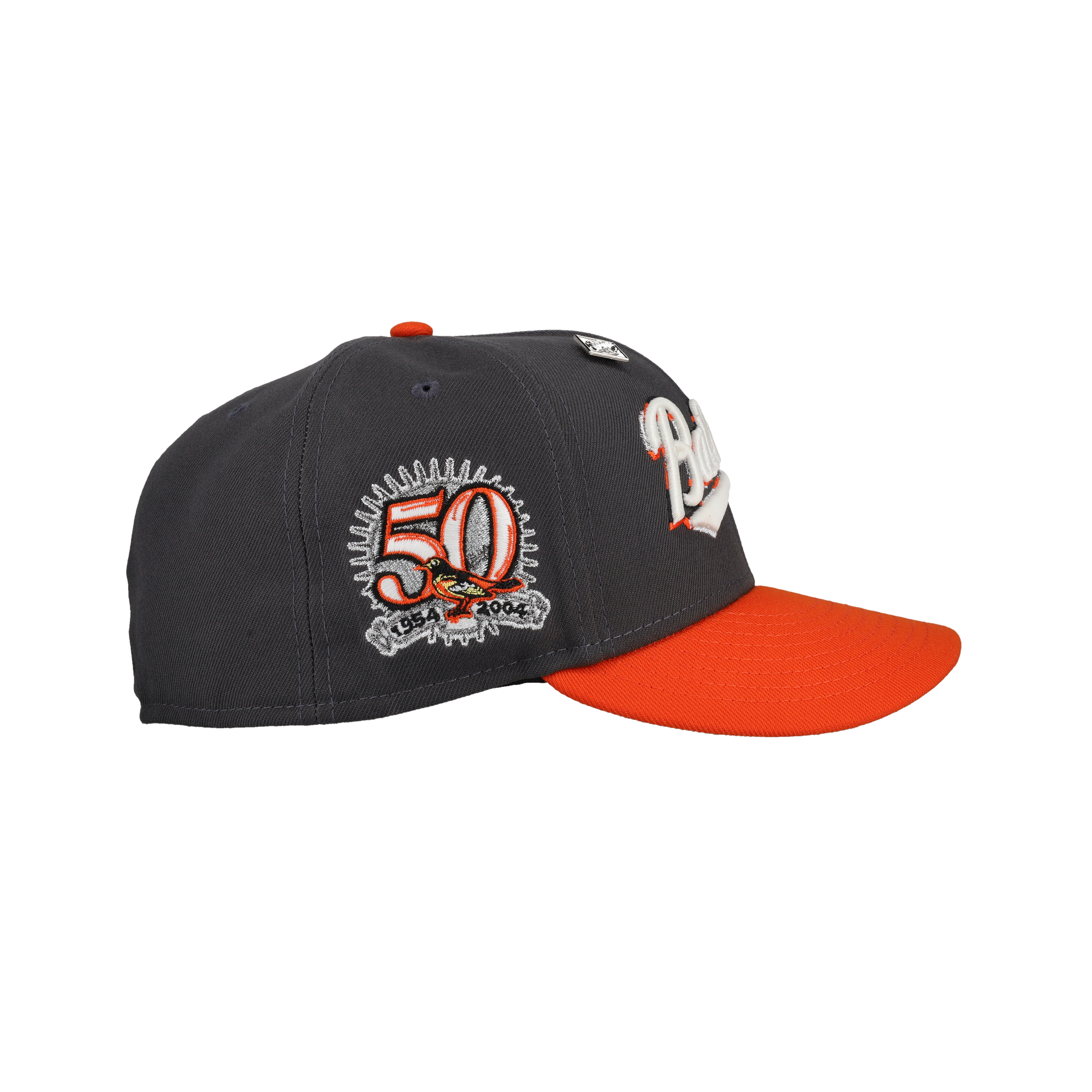 Baltimore Orioles Graphite/Orange 50th Anniversary Script Metallic 59Fifty Fitted Hat