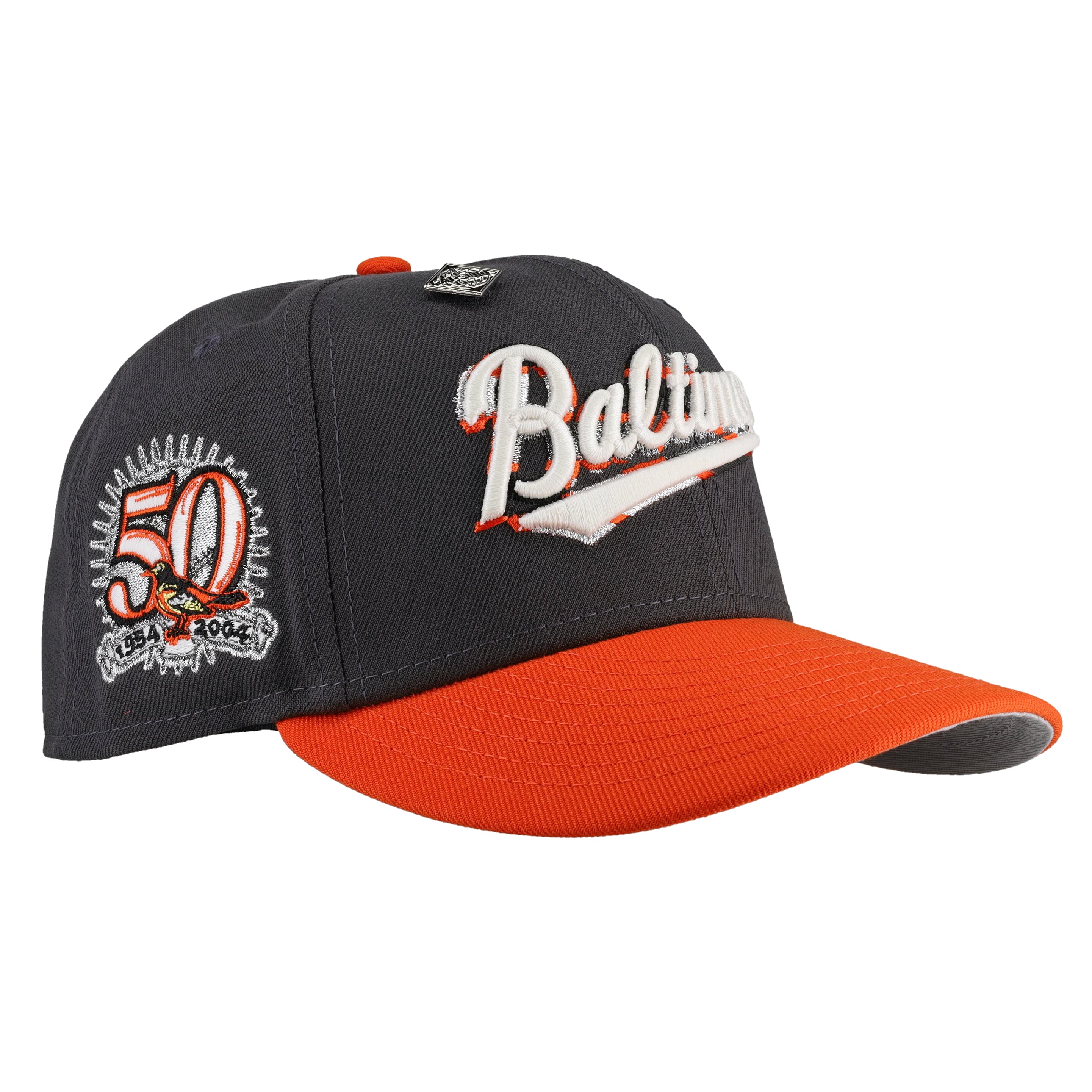 Baltimore Orioles Graphite/Orange 50th Anniversary Script Metallic 59Fifty Fitted Hat