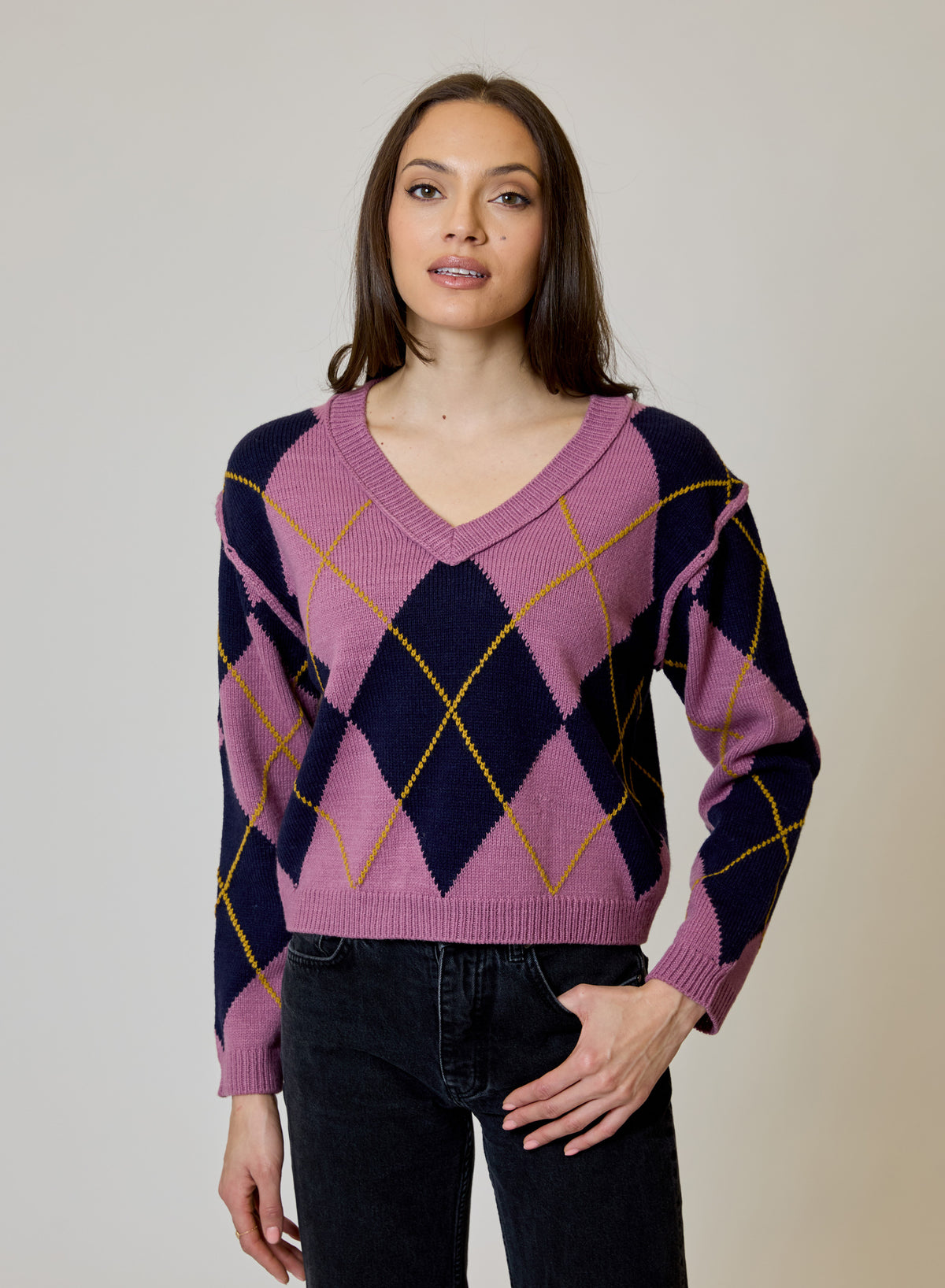 Argyle V-Neck Sweater in Heirloom Rose Combo