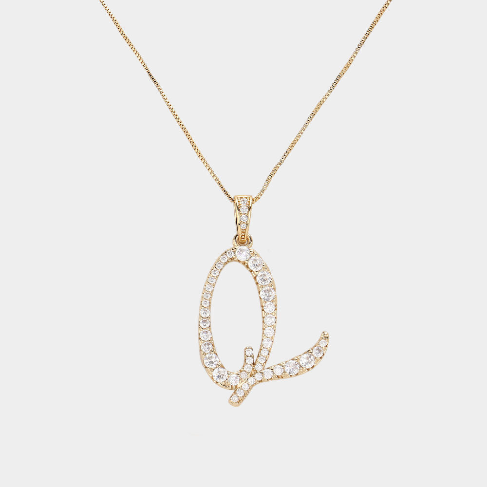 -Q- CZ Initial Monogram Pendant Necklace