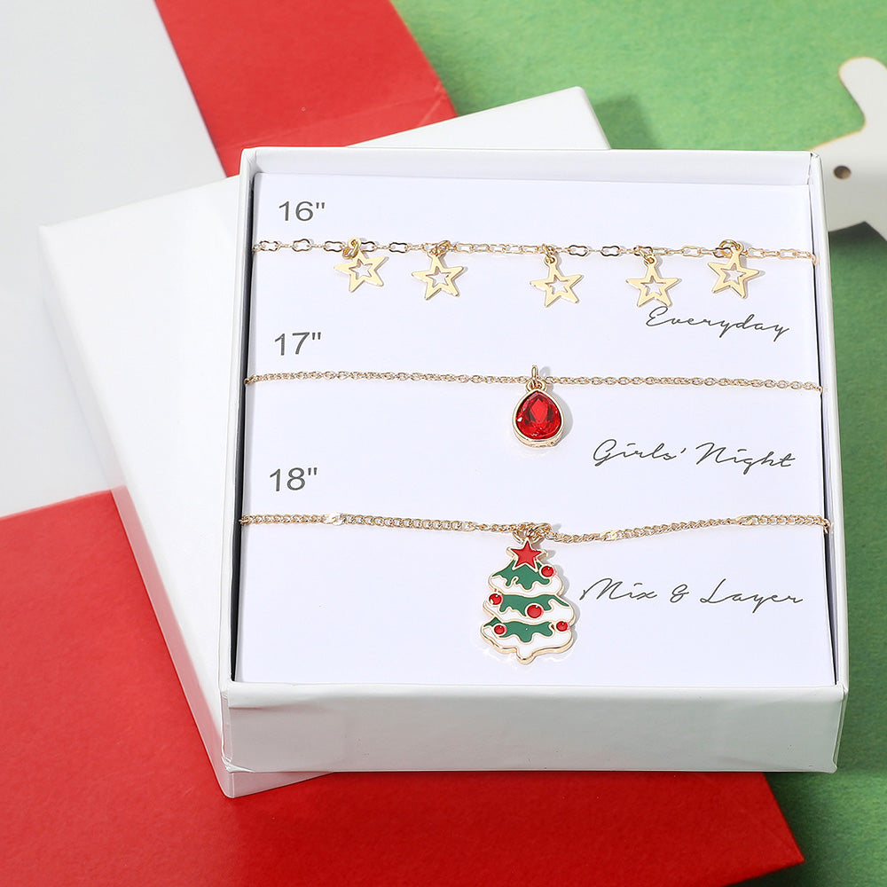 3PCS - Star Charm Teardrop Stone Christmas Tree Pendant Necklace Set