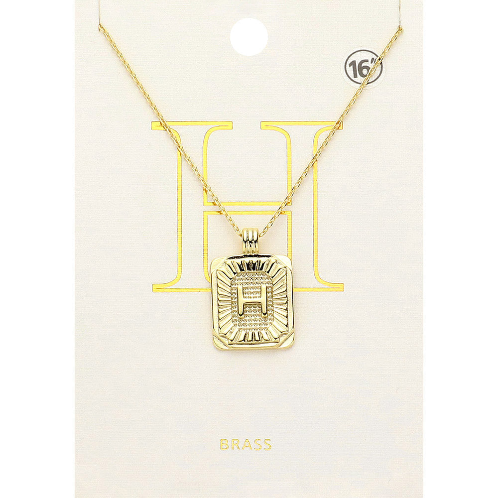 -H- Brass Metal Rectangle Initial Monogram Pendant Necklace