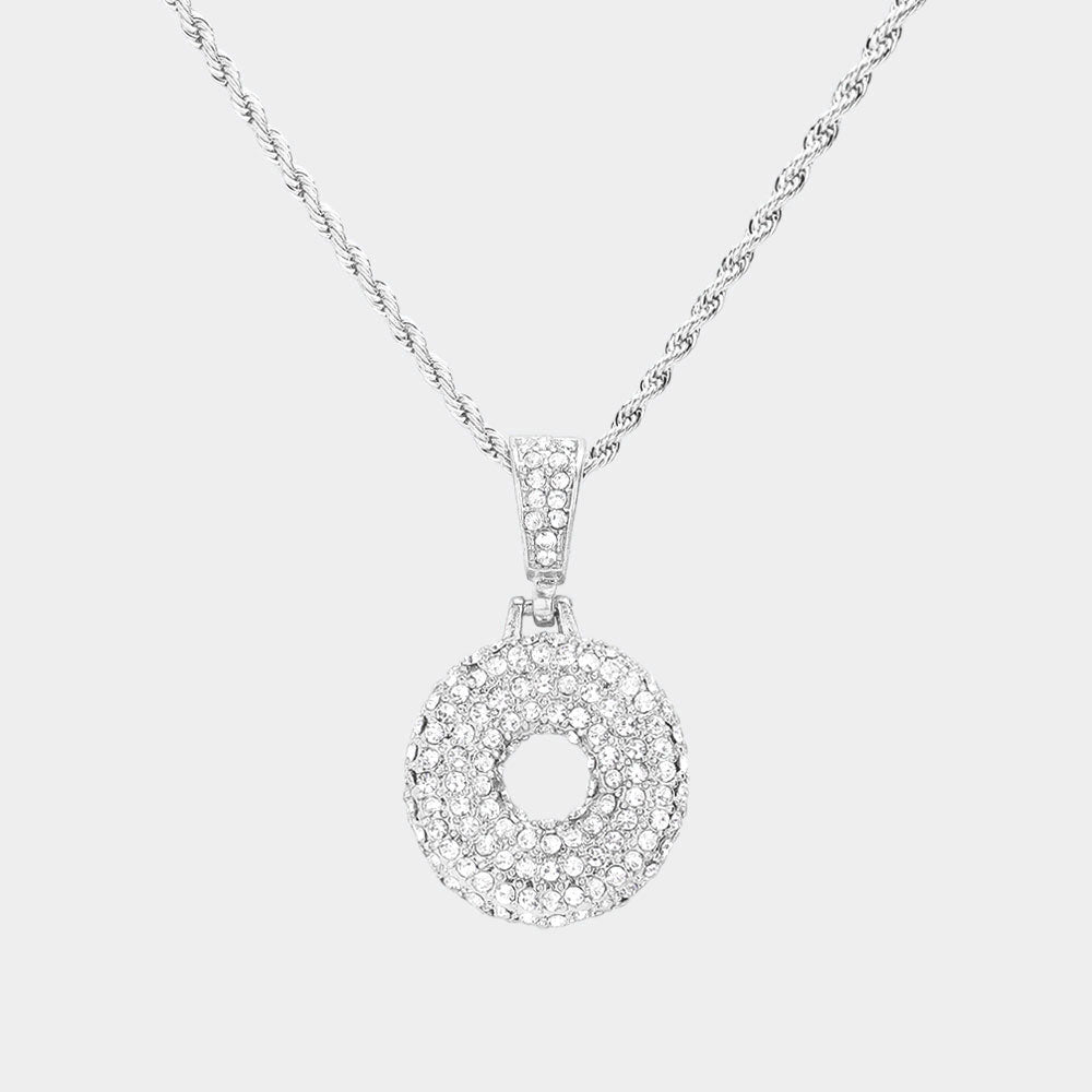 -O- Rhinestone Initial Monogram Pendant Brass Chain Necklace