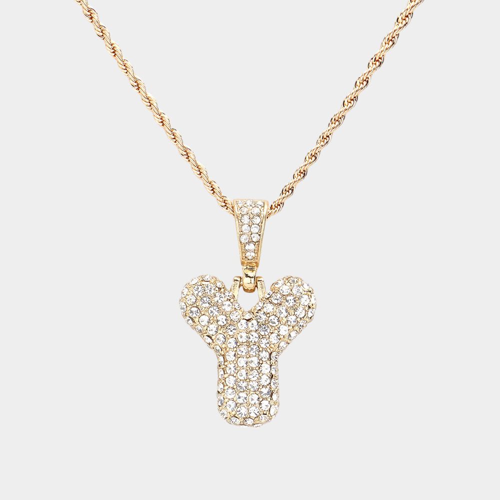 -Y- Rhinestone Initial Monogram Pendant Brass Chain Necklace