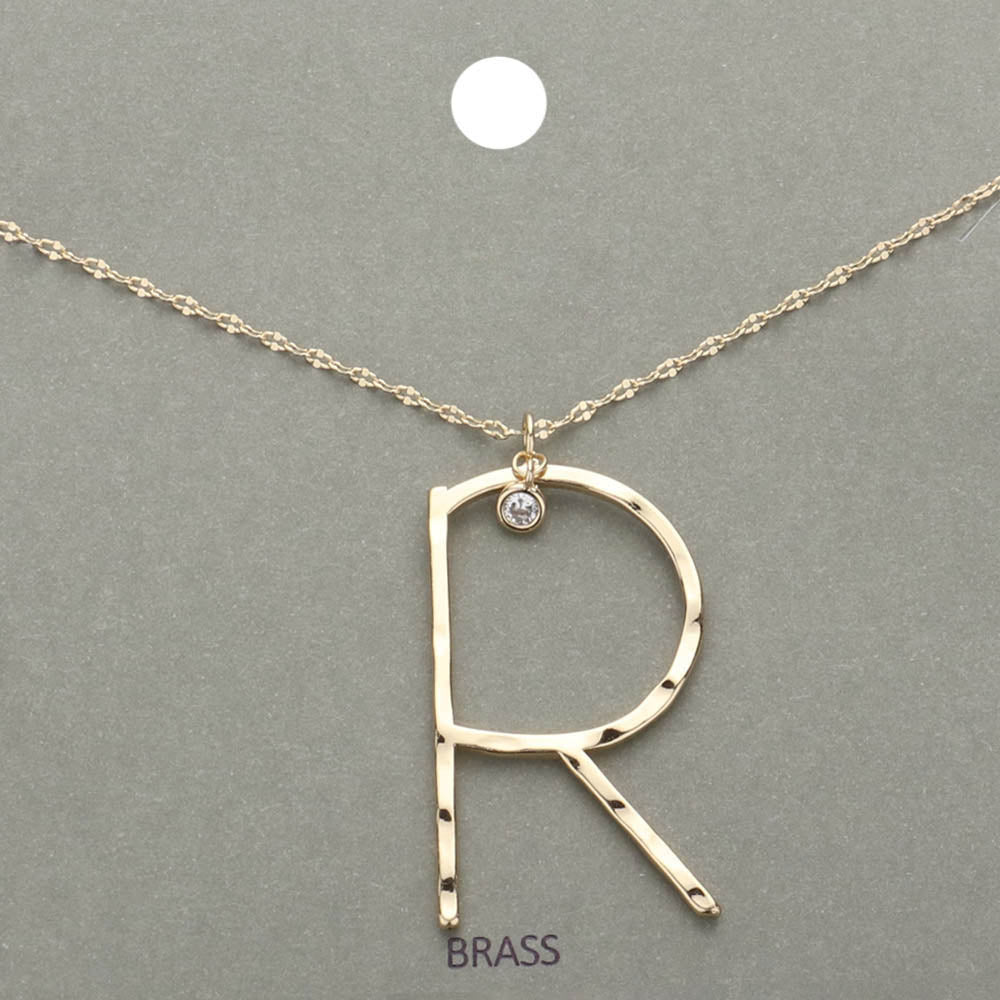 -R- Initial Monogram Brass Metal Pendant Necklace