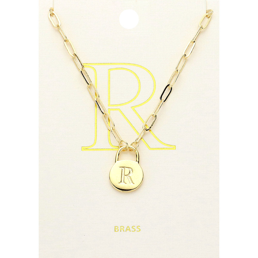-R- Brass Metal Initial Monogram Lock Pendant Necklace