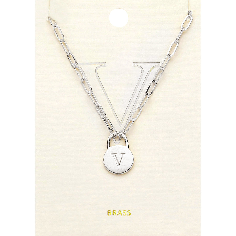 -V- Brass Metal Initial Monogram Lock Pendant Necklace