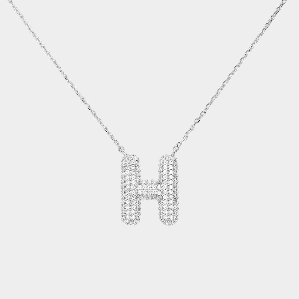 -H- White Gold Dipped CZ Initial Monogram Pendant Necklace