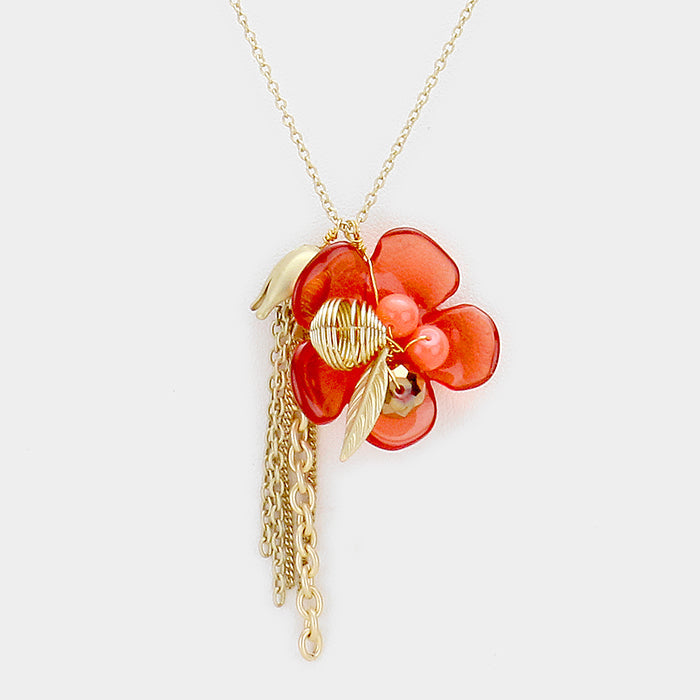 Glass bead detail flower & tassel charm necklace