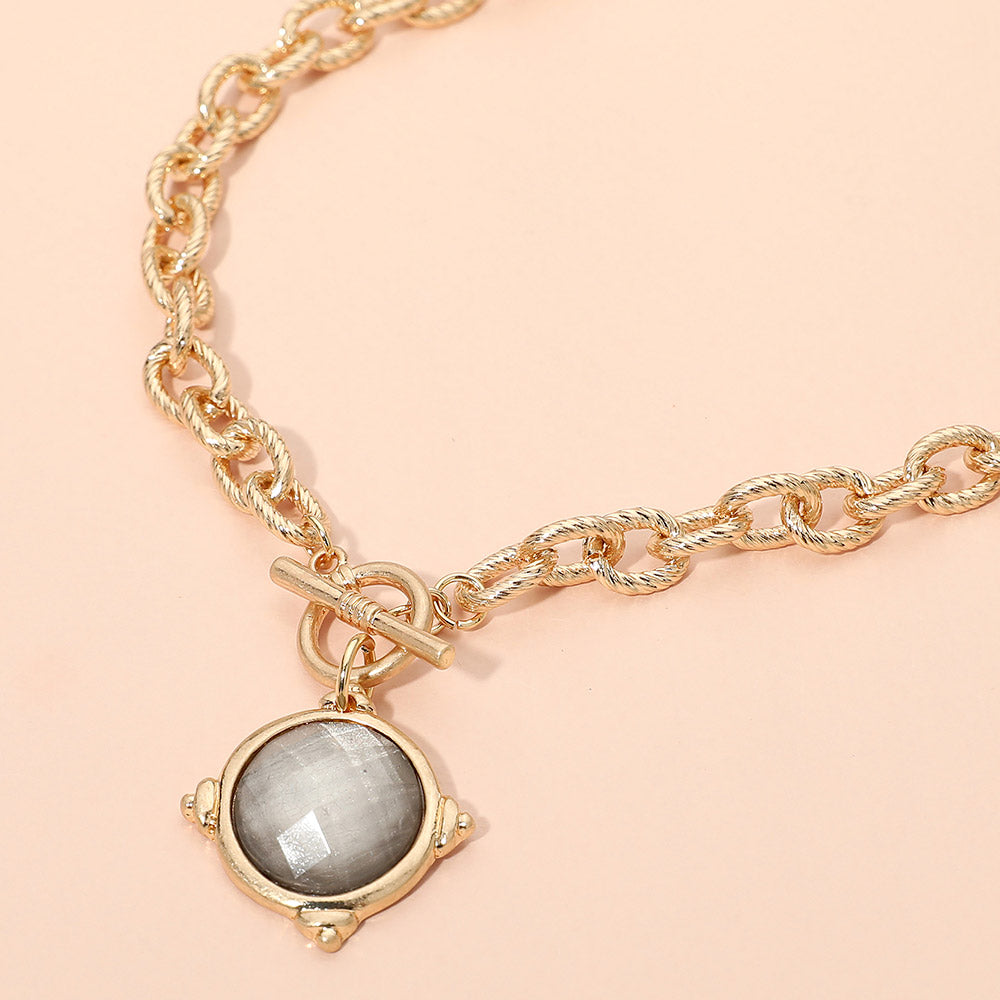 Faceted Round Stone Charm Pendant Toggle Necklace