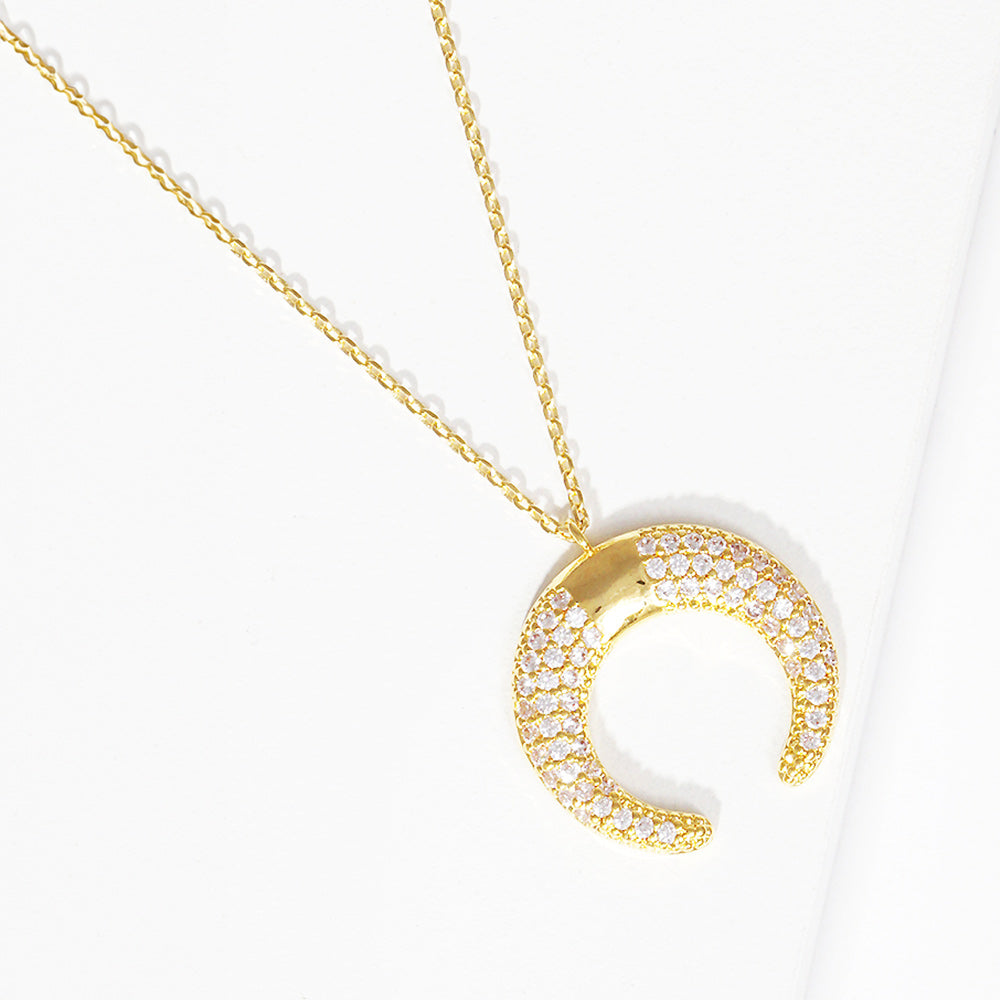 Gold Dipped CZ Embellished Metal Horn Pendant Necklace