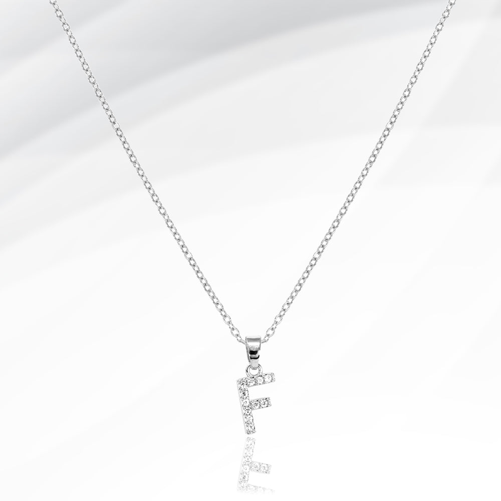 -F- Stainless Steel CZ Stone Paved Initial Monogram Pendant Necklace