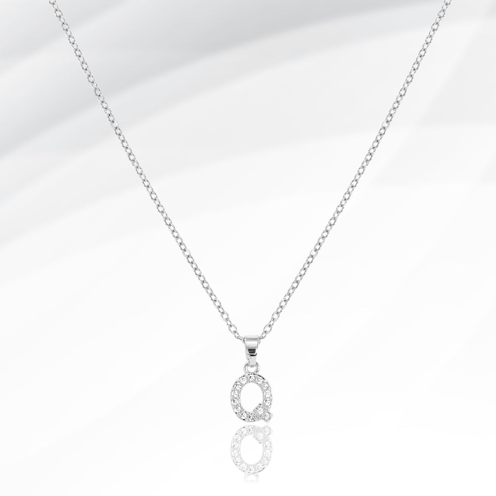 -Q- Stainless Steel CZ Stone Paved Initial Monogram Pendant Necklace