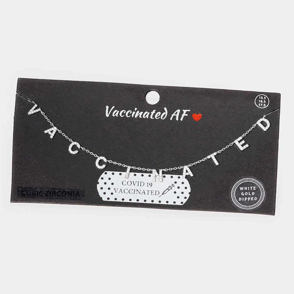 VACCINATED CZ White Gold Dipped Message Station Pendant Necklace