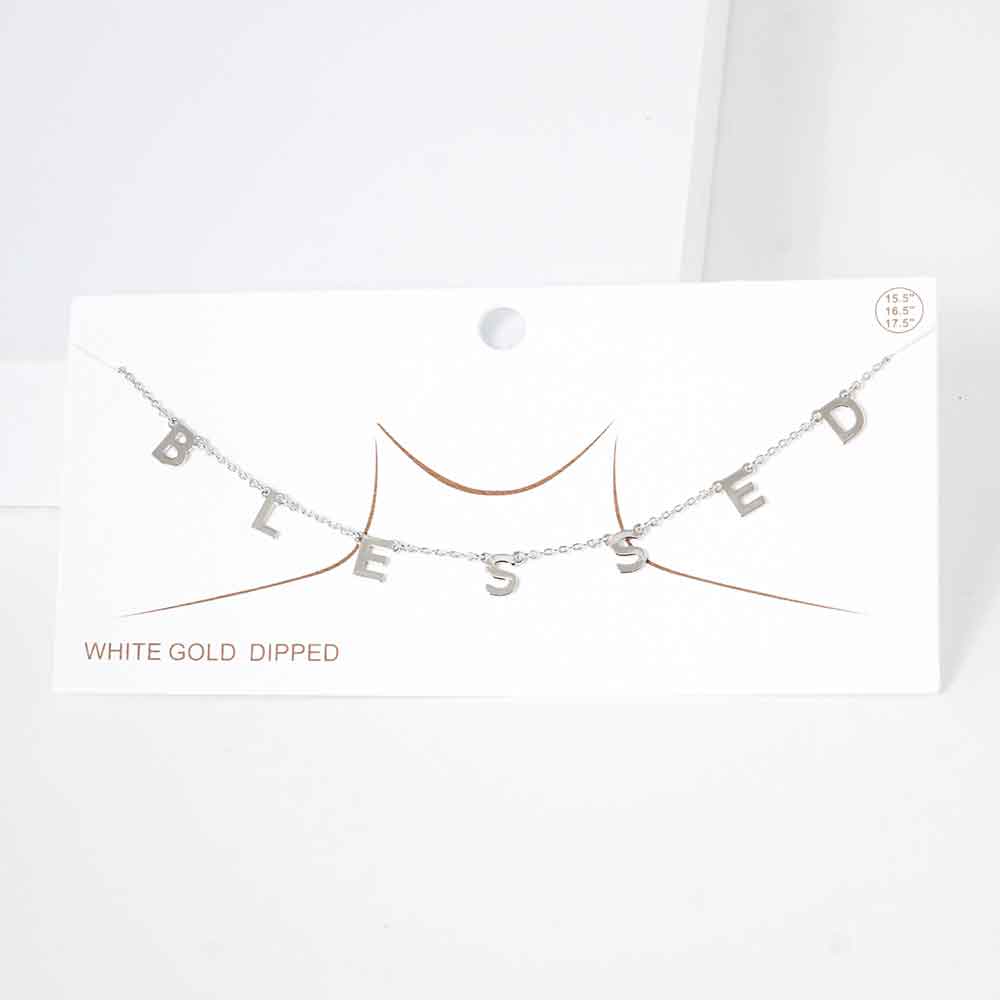 BLESSED White Gold Dipped Metal Message Pendant Station Necklace