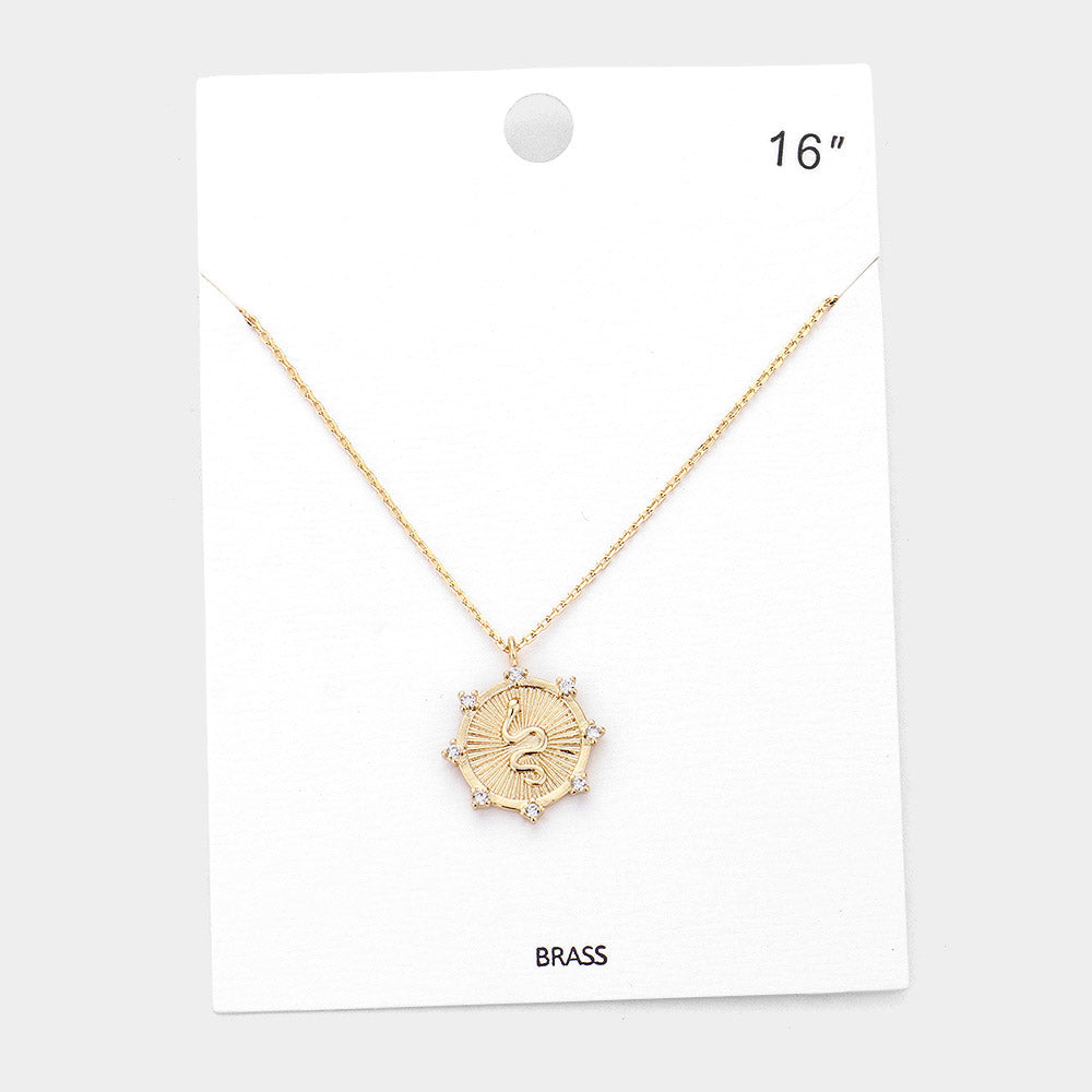 Rhinestone Embellished Brass Metal Snake Pendant Necklace