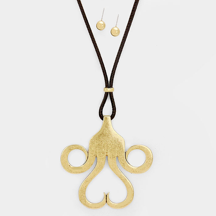 Cord Mustache Burnished Metal Pendant Necklace