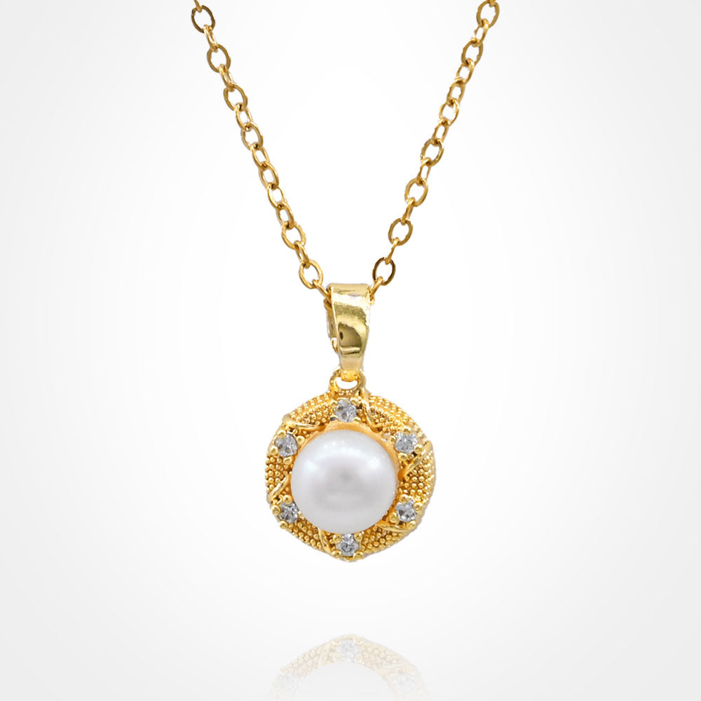 Stainless Steel CZ Stone Rim Pearl Pendant Necklace