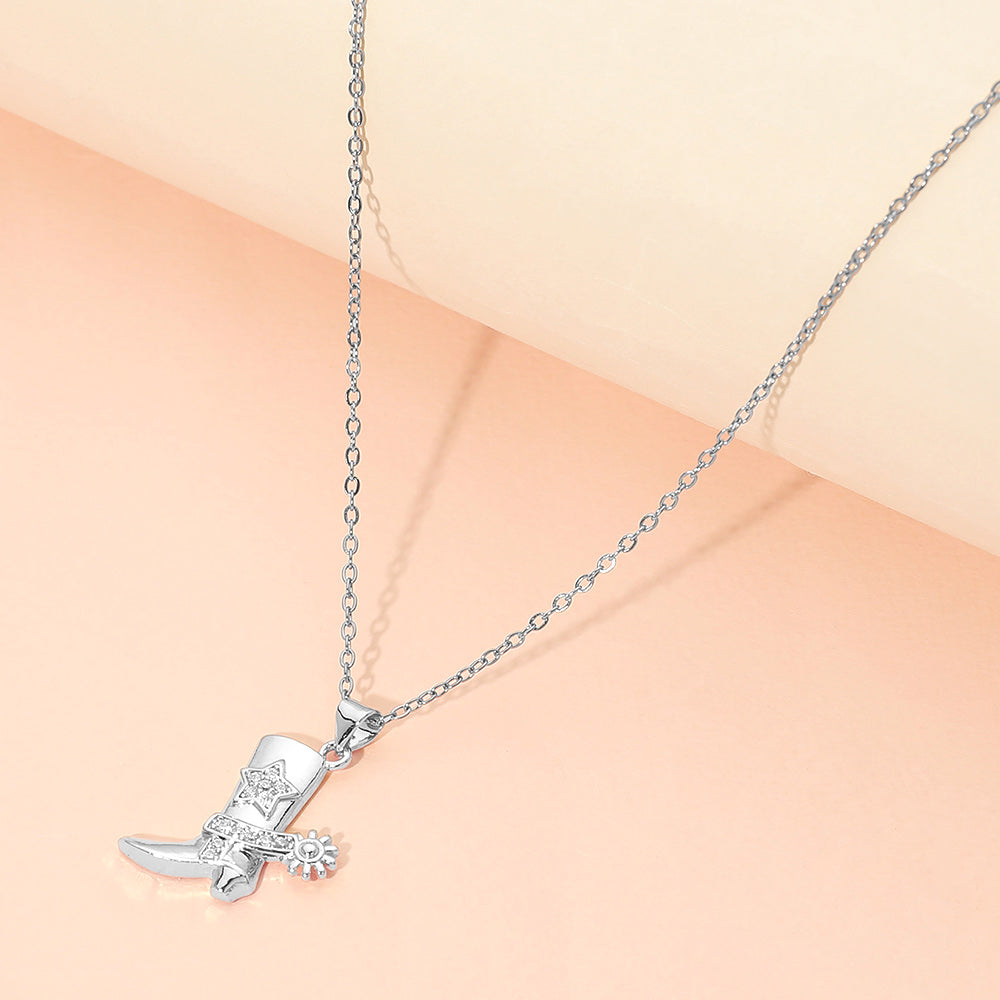 Stainless Steel CZ Stone Paved Star Accent Cowboy Boot Charm Pendant Necklace