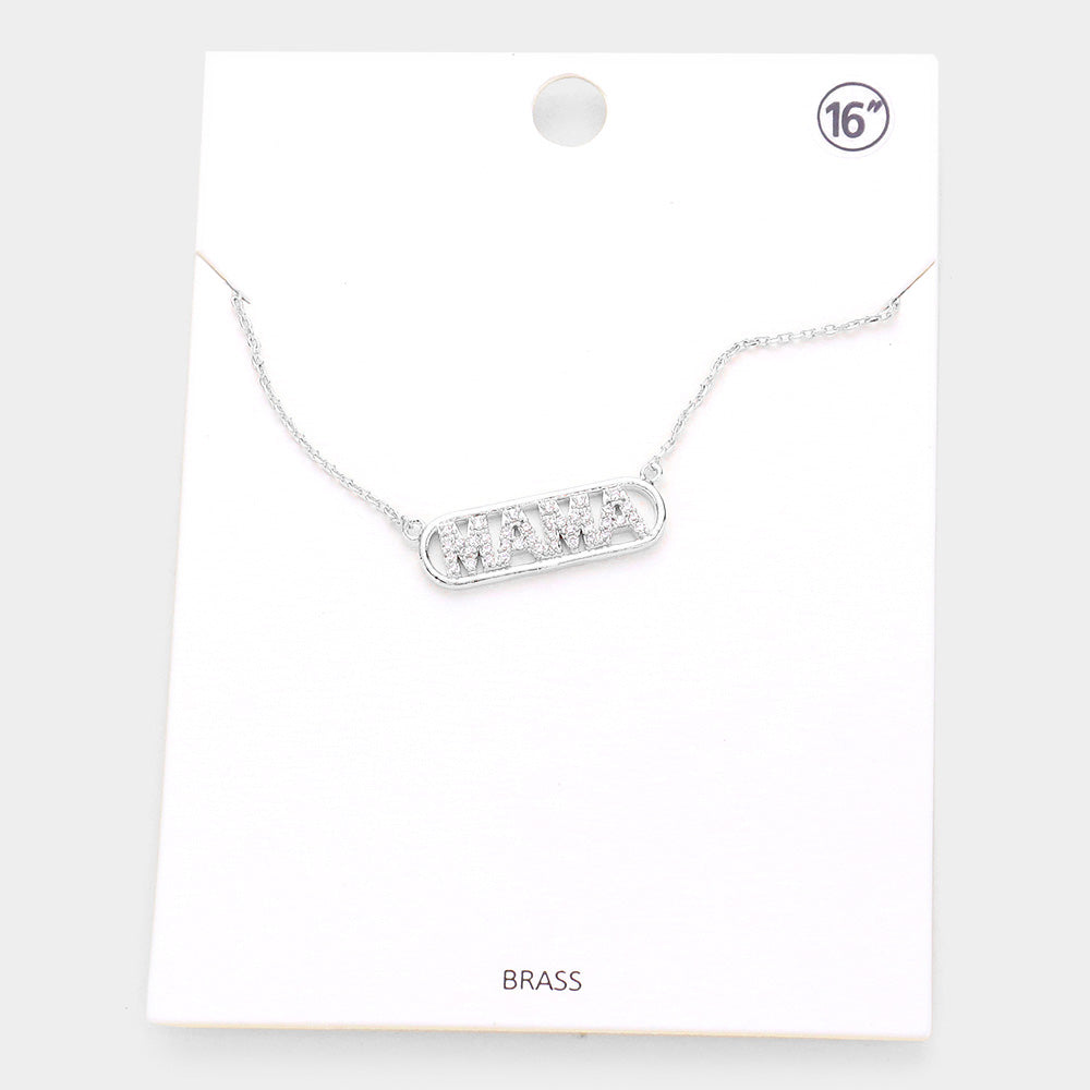 MAMA Brass Metal Rhinestone Embellished Message Pendant Necklace
