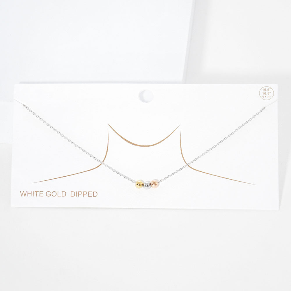 White Gold Dipped Tiny Triple Metal Ball Pendant Necklace