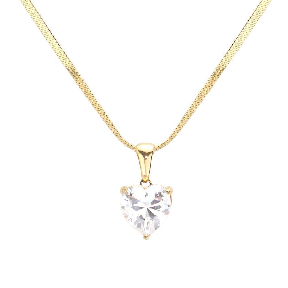 18K Gold Dipped Stainless Steel CZ Heart Pendant Necklace
