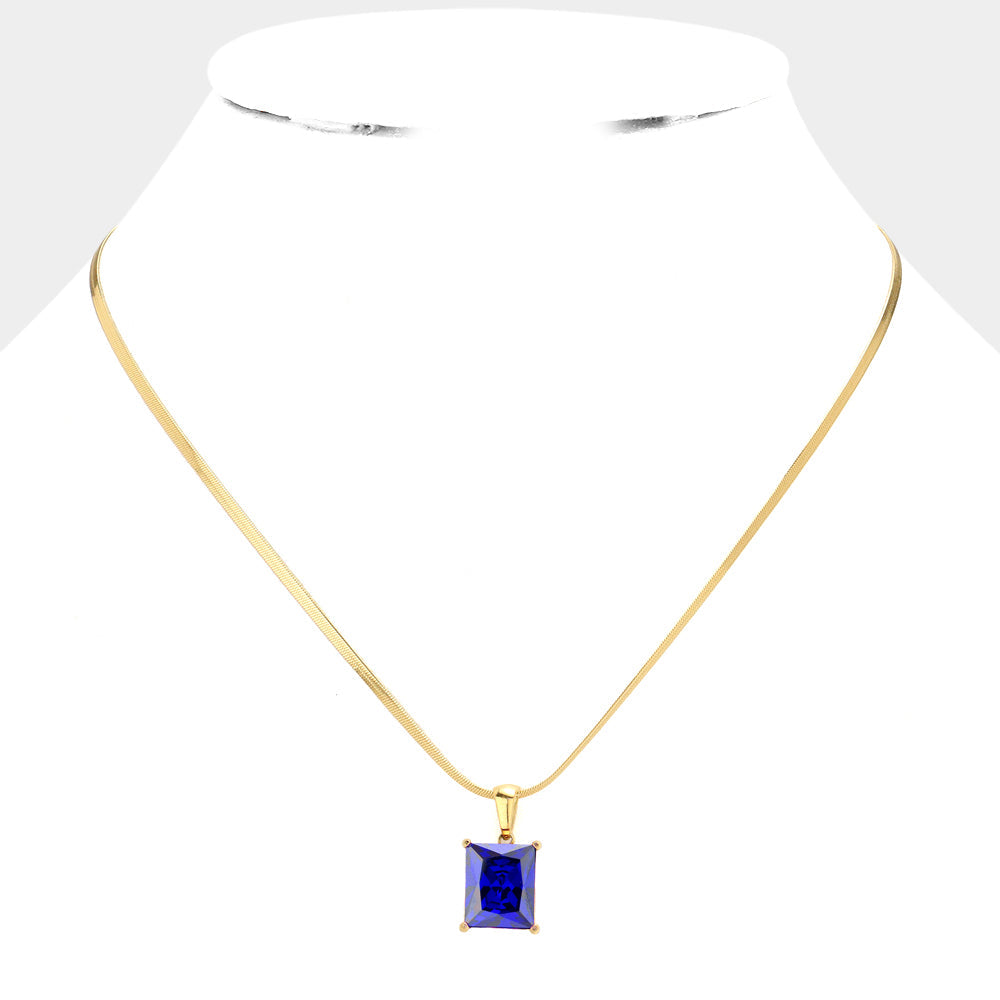 18K Gold Dipped Stainless Steel CZ Rectangle Pendant Necklace