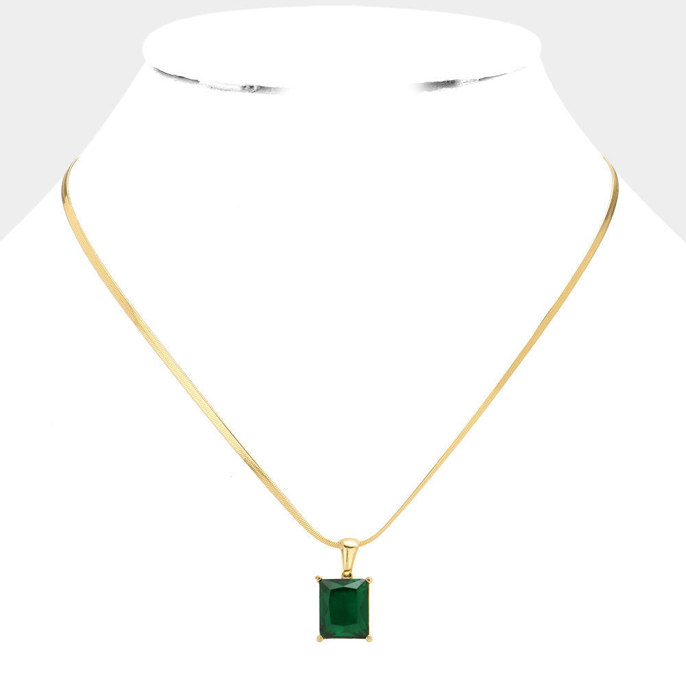 18K Gold Dipped Stainless Steel CZ Rectangle Pendant Necklace